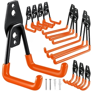 Set de 12 carlige metalice de perete pentru garaj, Zaxer, negru/portocaliu, otel, pentru unelte si biciclete