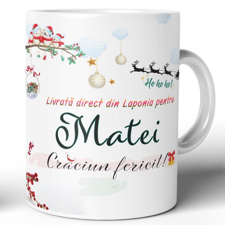 Cana personalizata Craciun Joystos, design festiv, personalizare Matei, ceramica, 330ml