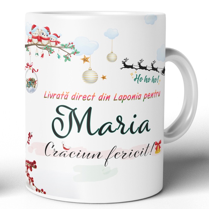 Cana personalizata Craciun Joystos, design festiv, personalizare Maria, ceramica, 330ml