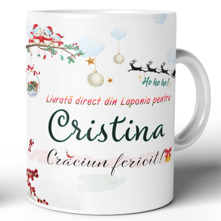 Cana personalizata Craciun Joystos, design festiv, personalizare Cristina, ceramica, 330ml