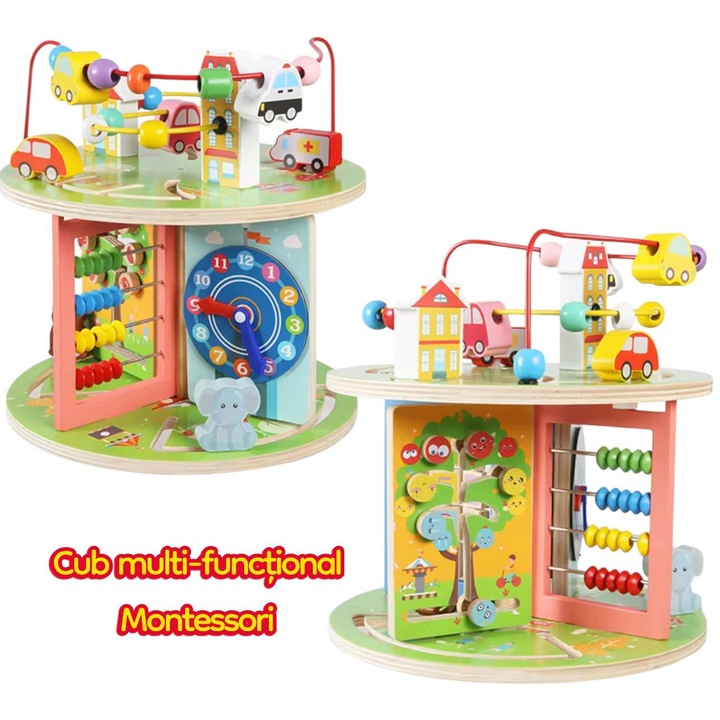 Cub Interactiv Montessori, Activități pentru Dezvoltarea Motricității, Lemn, Multicolor, 36 luni+