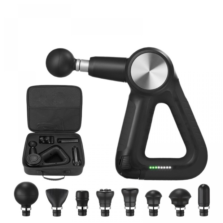 Pistol Triunghiular De Masaj Tesut Adanc Pentru Sportivi, 5 Viteze & 8 Capete, Autonomie Mare, Portabil, Silentios, Indicator Nivel Baterie, Relaxare Prin Vibromasaj, Negru