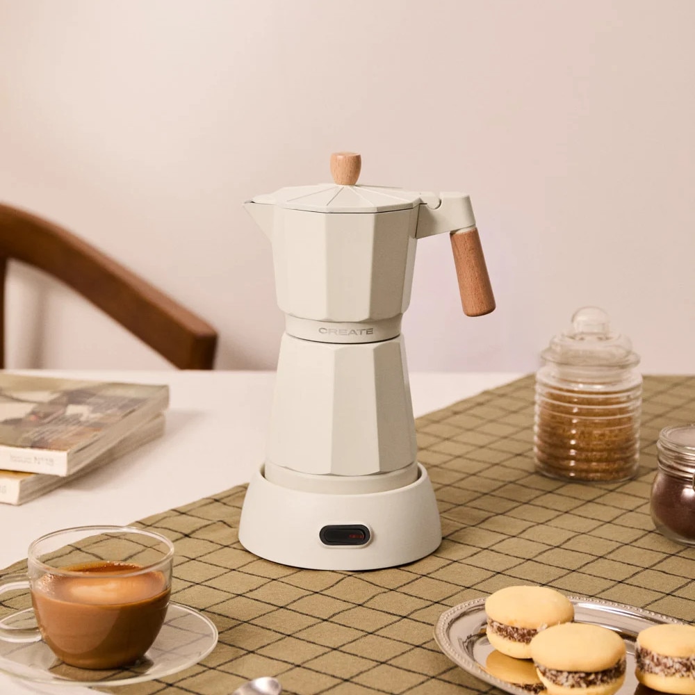 Espressor moka pot electric CREATE, Thera, capacitate rezervor apa 300 ml, potrivit pentru pana la 6 cesti de cafea, timp pregatire 5 min, functie keep warm, BPA Free, baza 360°, 480 W, crem