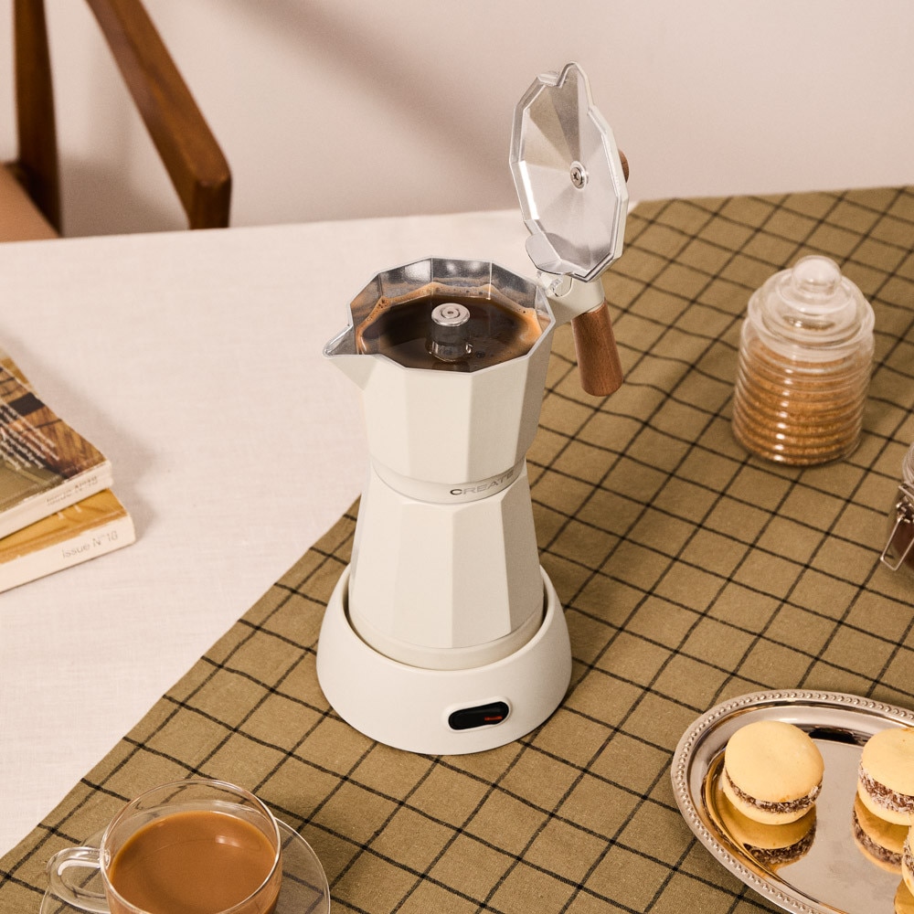 Espressor moka pot electric CREATE, Thera, capacitate rezervor apa 300 ml, potrivit pentru pana la 6 cesti de cafea, timp pregatire 5 min, functie keep warm, BPA Free, baza 360°, 480 W, crem