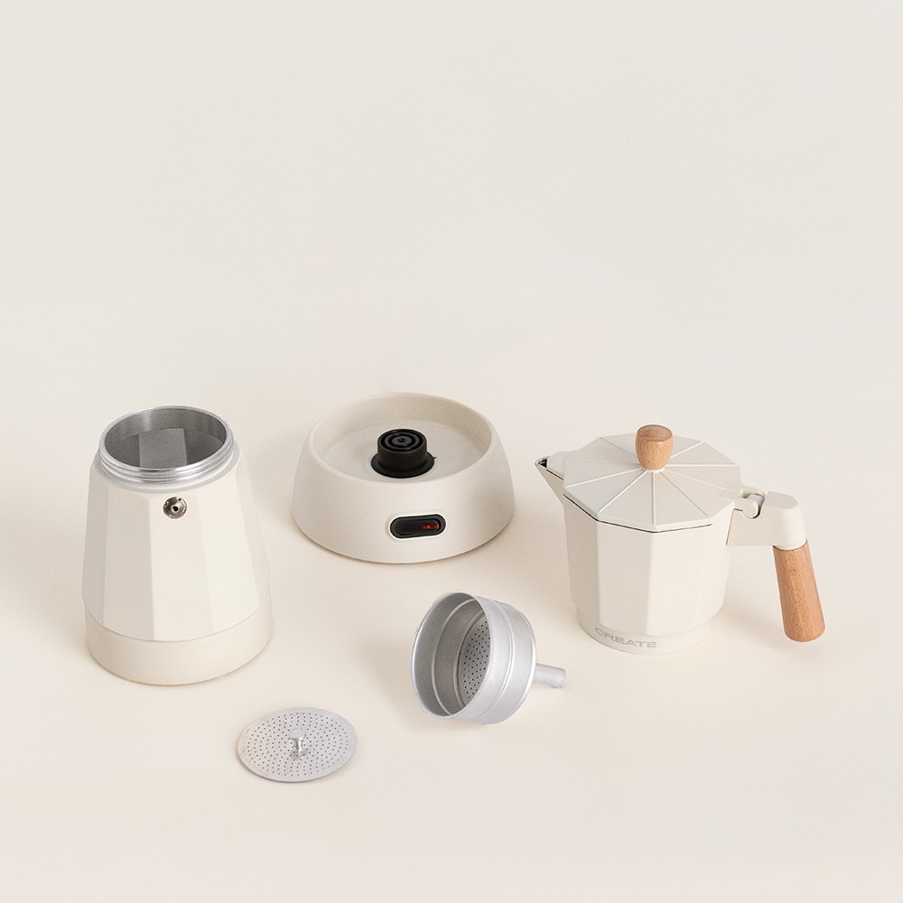 Espressor moka pot electric CREATE, Thera, capacitate rezervor apa 300 ml, potrivit pentru pana la 6 cesti de cafea, timp pregatire 5 min, functie keep warm, BPA Free, baza 360°, 480 W, crem