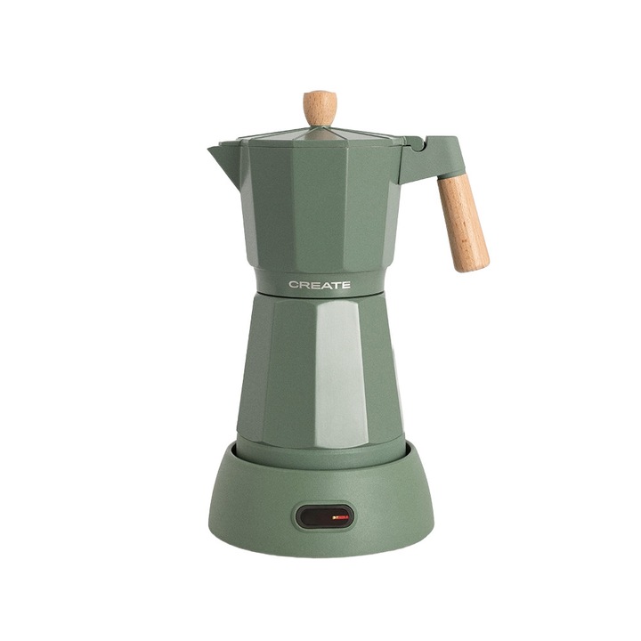 Espressor moka pot electric CREATE, Thera, capacitate rezervor apa 300 ml, potrivit pentru pana la 6 cesti de cafea, timp pregatire 5 min, functie keep warm, BPA Free, baza 360°, 480 W, sage