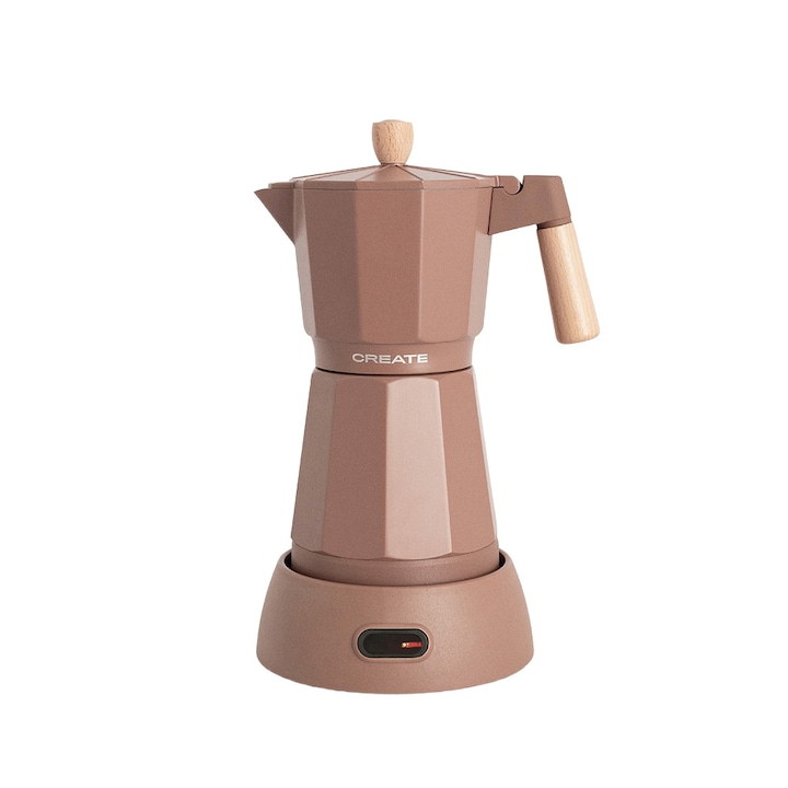 Espressor moka pot electric CREATE, Thera, capacitate rezervor apa 300 ml, potrivit pentru pana la 6 cesti de cafea, timp pregatire 5 min, functie keep warm, BPA Free, baza 360°, 480 W, mocha