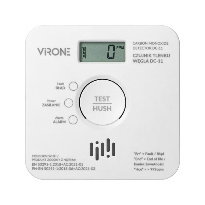 VIRONE szén-monoxid érzékelő, 2 x AA, LCD, TESZT gomb, 10 év érzékelő élettartam, fehér