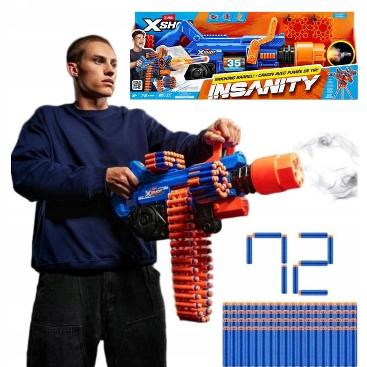Set Lansator X Shot Insanity Smoking Barrel Cu 72 De Sageti, X Shot, Smoking Barrel 36823, Raza De Actiune De Pana La 27 Metri, Curea Pentru 35 De Sageti, Efect De Fum Realist, Led Uri Integrate, 100 x 10 cm, Multicolor, 72 Buc