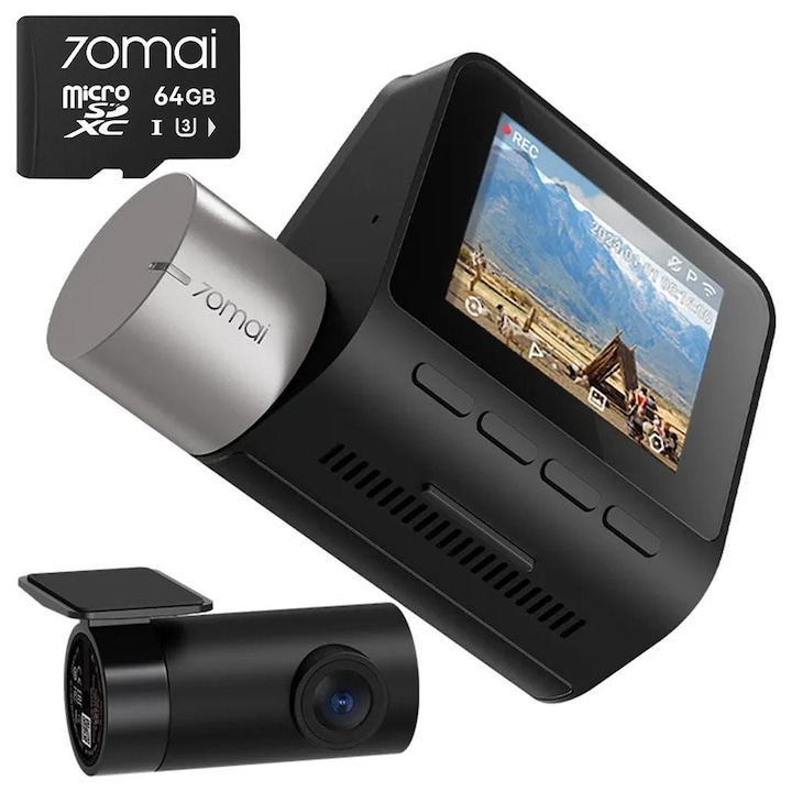 Камера за кола 70mai Dash Cam A510-1 Комплект предна-задна, 3K, GPS, Wi-Fi, 2" дисплей + MicroSD карта 70mai 64GB Черна