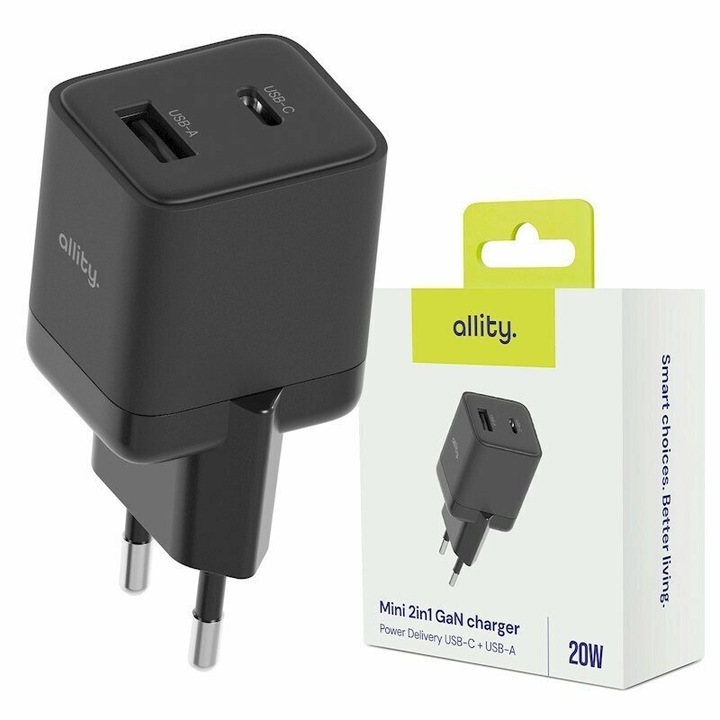 Allity ATC-01-20WAC hálózati töltő, GaN PD QC 1x USB-C, 1x USB-A, 20W, fekete