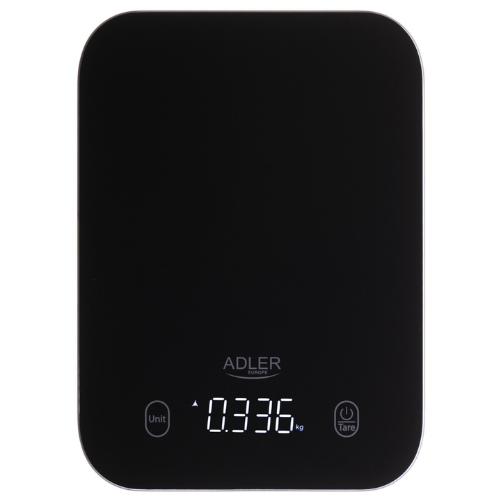 Cantar de bucatarie Adler AD 3181b, 10 kg, Precizie 1 g, Functie Tara, Afisaj LED, Unitati de masura kg, lb, g, Negru