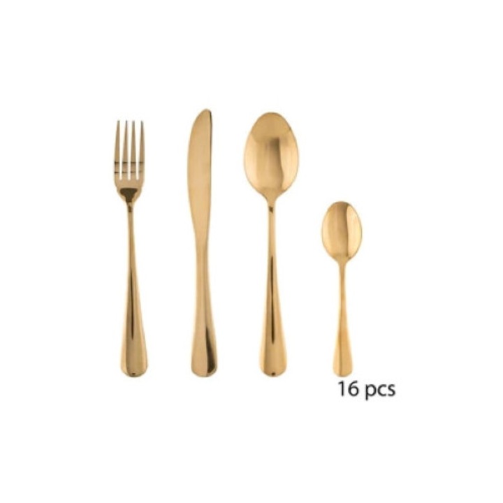 Set tacamuri 16 piese din inox, finisaj auriu, pentru 4 persoane – furculite, cutite, linguri, lingurite – elegant si rezistent