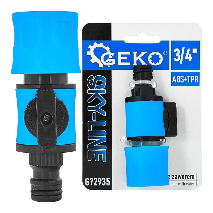 Cupla rapida cu supapa Geko Sky-Line, albastru-negru, pentru sistem de irigare