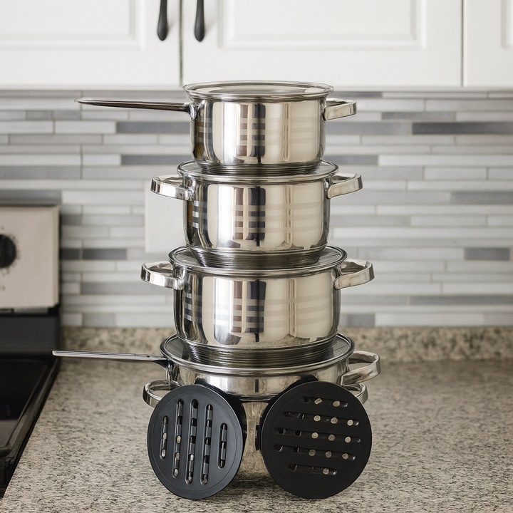 Set oale inox Bachmayer 12 piese, capace din sticla termorezistenta, fund 9 straturi, 24x14,5cm, 20x12,5cm, 18x11,5cm, 16x10,5cm, 24x7,5cm