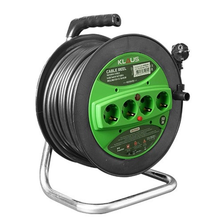 Rola cablu prelungitor 50m, Klaus, 4 prize, tambur