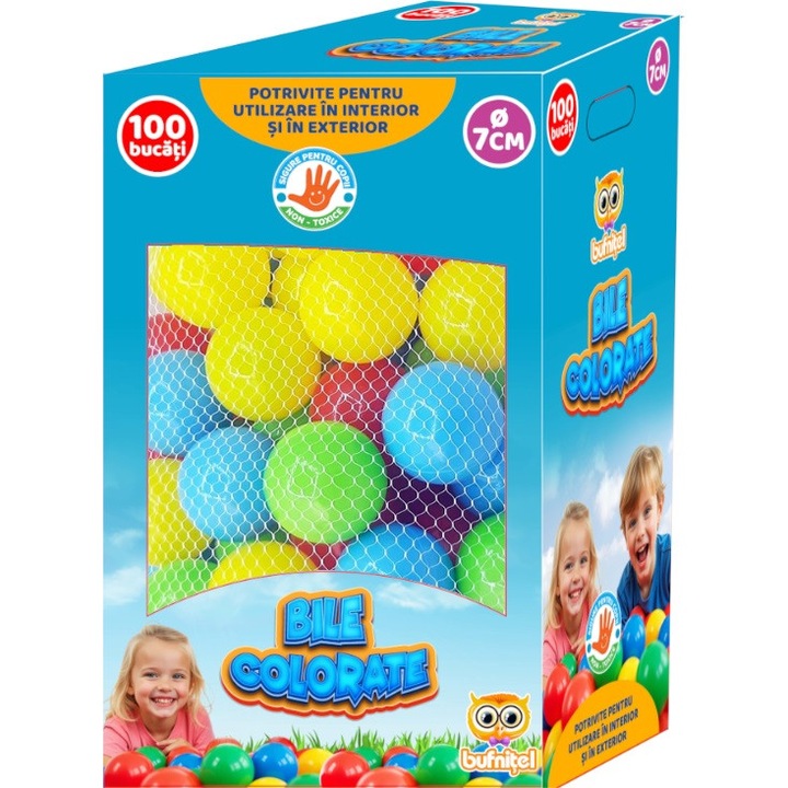 100 db színes labda szett, Bagoly, műanyag, 7 cm