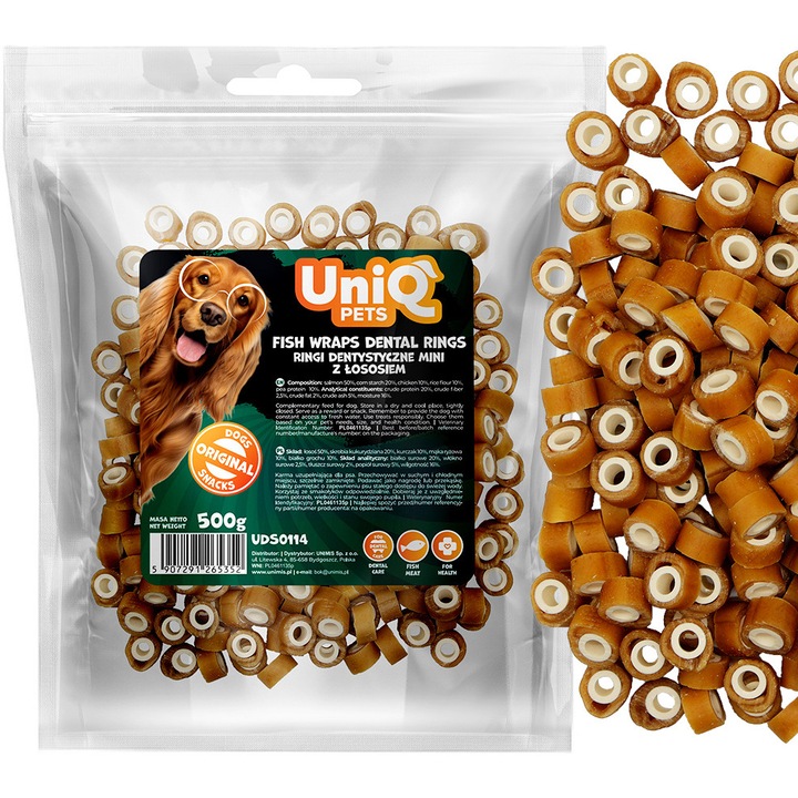 Gustare pentru caini Inele Delicatesa Dentare cu Somon UniQ Pets 500g