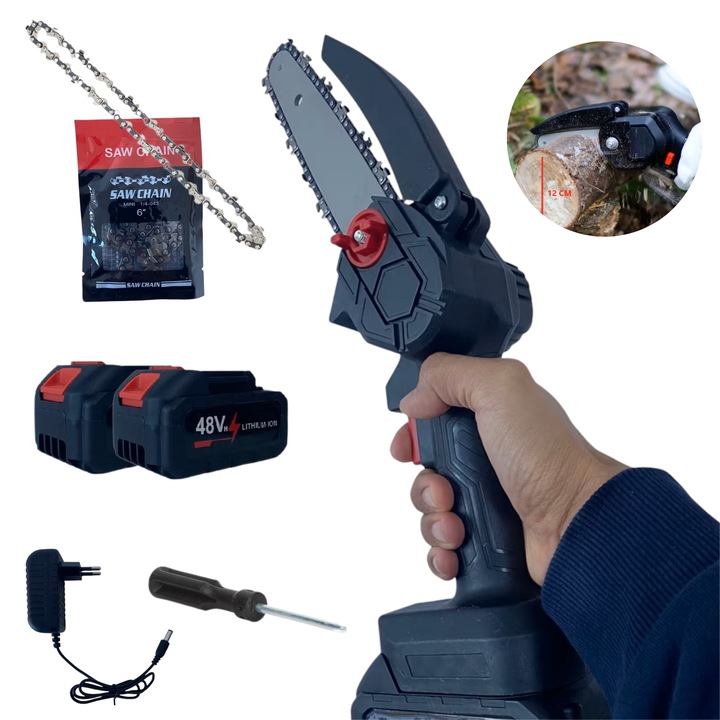 Mini fierastrau cu lant fara fir 700W, LuckyLu®, mini drujba electrica, 2 acumulatori de 48V, 5000mAh, Lama 15 cm, 2 x Lant 6 inch, rama ajustabila, Negru