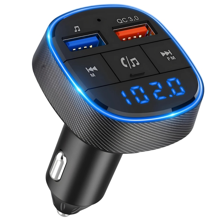 Modulator FM cu Bluetooth si USB, Redare Muzica, Apeluri Hands-Free, Compatibil Android si iOS, Frecventa 87.5–108 MHz, Incarcare Simultana a Doua Dispozitive, Modernizeaza Instant Orice Masina cu Radio Fara Bluetooth