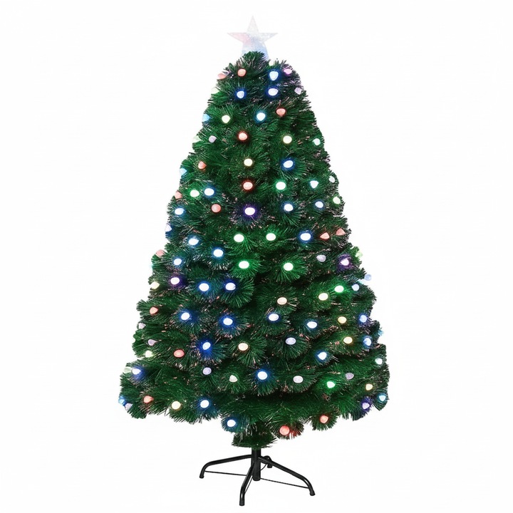 Изкуствена коледна елха NEXTLY, височина 150 см, 170 клона с LED глобуси, кристален абажур, вградено осветление, включена светеща звезда, оптично влакно, зелена