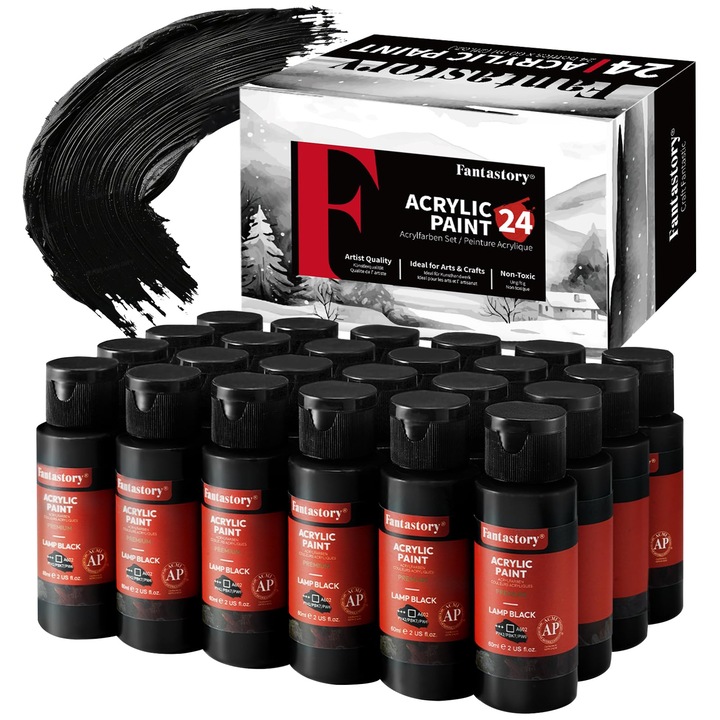 Set de vopsele acrilice, uscare rapida, impermeabile, negru, 60 ml, 24 buc.