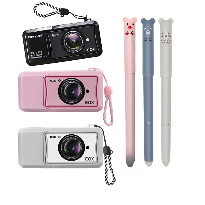 Set 6 piese, pixuri stergatoare + banda corectoare, colorate, pentru scoala, birou, notite