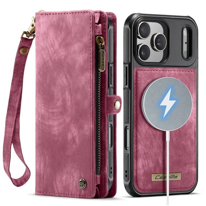 Калъф за iPhone 17 Pro Max, CaseMe, подвижен заден капак, кожен портфейл, съвместим с MagSafe, с магнитна щипка, мултифункционален, отделяща се каишка за ръка, джобове за карти, пари, стойка, слушалки, ключове, червен