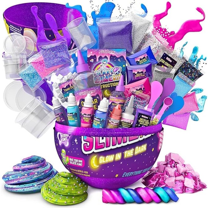 Set cadou GirlZone, slime pufos Galaxy, cu luni care luminează, 8-12 ani, pentru fete