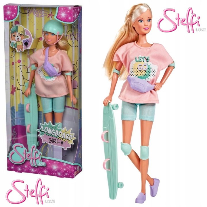 Papusa Steffi Love pe Longboard, Simba, Accesorii incluse, 3 ani+