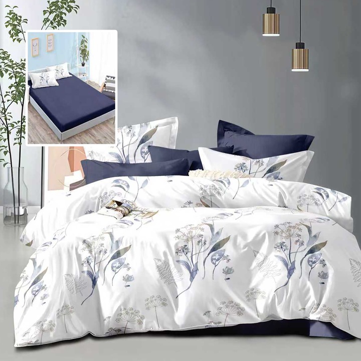 Lenjerie de pat dublu set 6 piese NufJoy Policoton, Cearceaf elastic 180x200cm, Husa pilotă 200x230cm, Indigo Delight