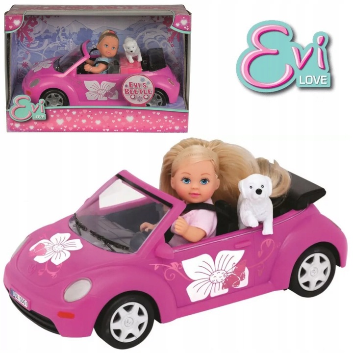 Papusa Evi Love cu Masina Cabriolet New Beetle si Cainelui