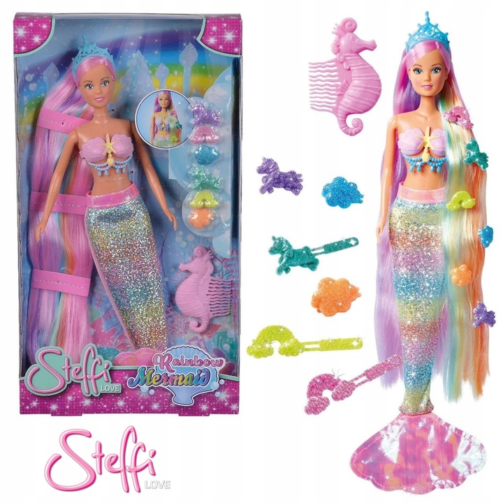 Papusa Steffi Love Sirena Curcubeu - Simba, 30 cm, Accesorii incluse