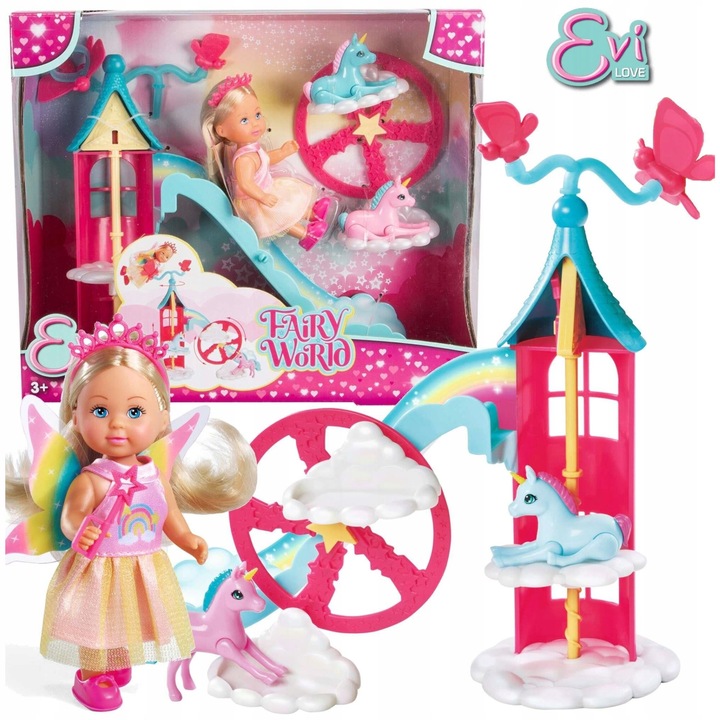Papusa Evi Love Lumea Zanelor cu Turn Magic si Unicorni
