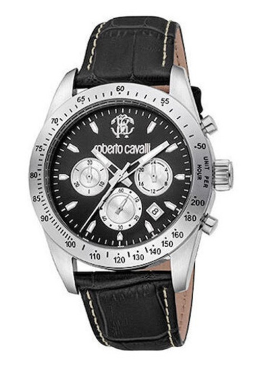 Ceas barbatesc, Roberto Cavalli, Inox/Piele, Negru/Argintiu