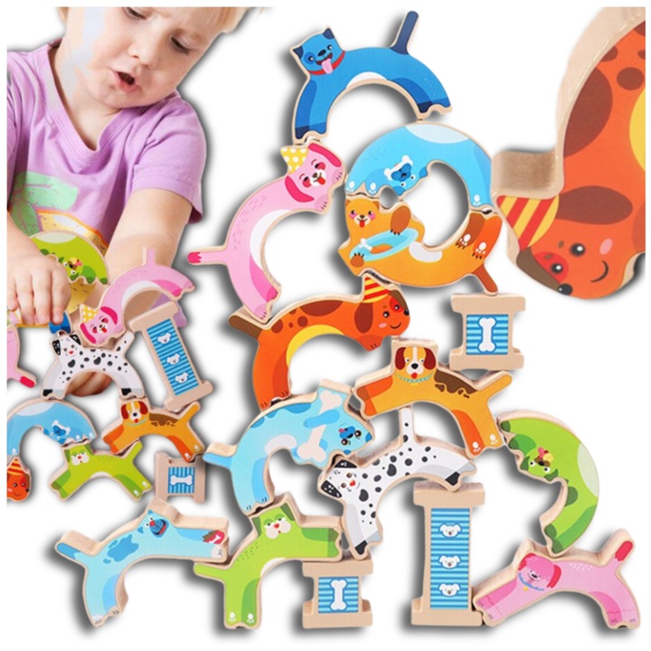 Interaktív gyerekjáték, Luka, 12 db-os fa kutya szett, 3 tartóval, 8,5x4,5x1,5 cm, többszínű