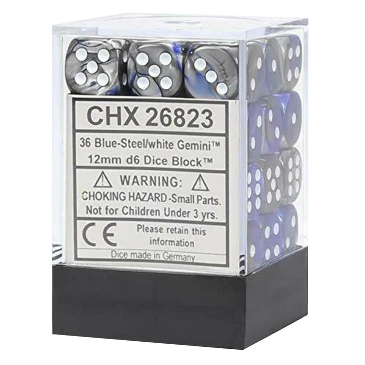 36 darabos Chessex Gemini 12 mm-es d6-os dobókocka készlet - acélkék/fehér