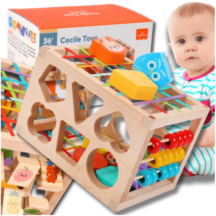 Сортер с дървени кубчета, Лука, комплект от 12 кубчета, размери 12x12,5x18см, различни цветове