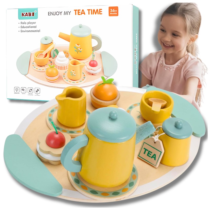 Дървен комплект за игра за деца, Лука, комплект за кафе и чай, 8 части, многоцветен