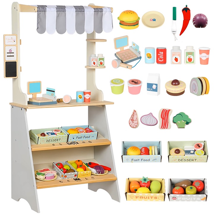 Set joaca supermarket, luka, taraba din lemn, accesorii incluse, 95,5x29,5x45cm, multicolor