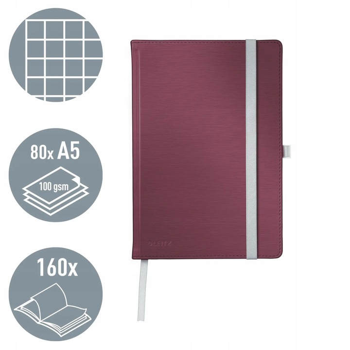 Caiet A5 Leitz Style, 80 file, spirala, rosu rubin