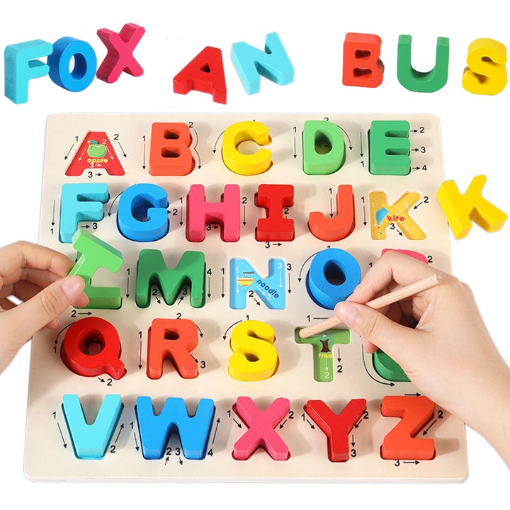 Puzzle educativ din lemn Alfabet, Luka, 30x30x3cm, set cu litere