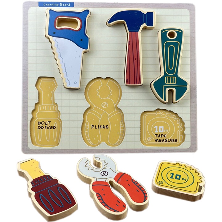 Puzzle educationale din lemn, Luka, set unelte, 24x24cm, colorat