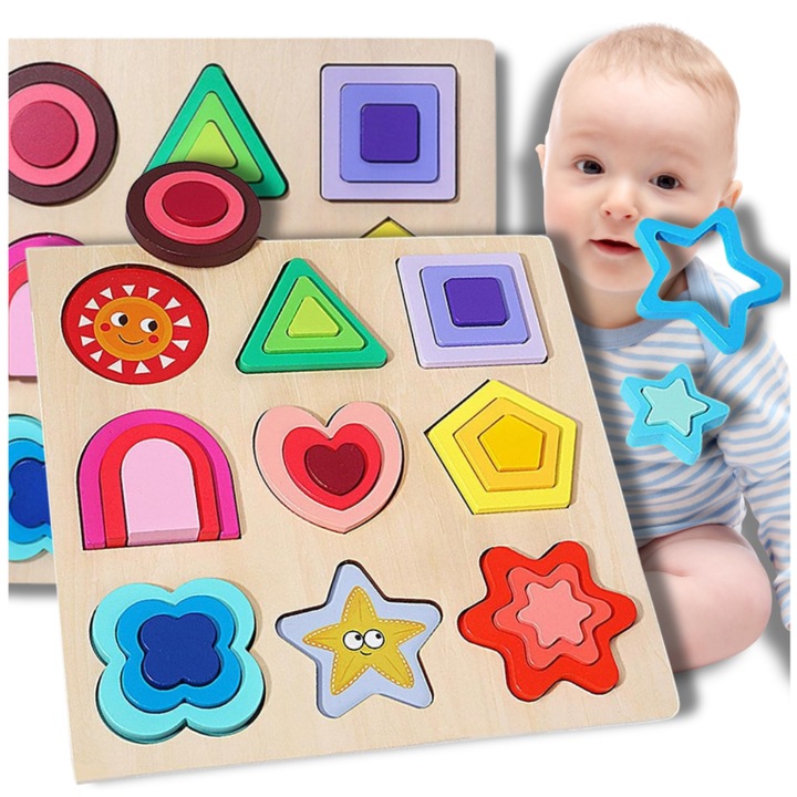 Puzzle educationale din lemn, Luka, forme Montessori, set cu suport, 30x30cm