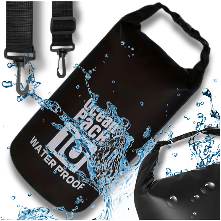 Rucsac impermeabil 10L, negru, pentru activitati in aer liber, cu curea reglabila