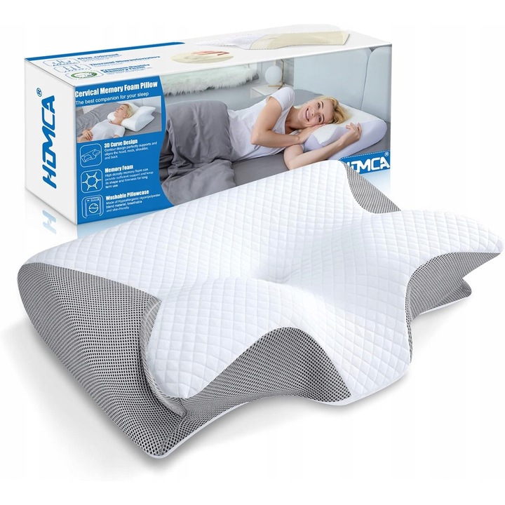 Perna Ortopedica Ergonomica pentru Gat, Spuma cu Memorie, Alb/Gri