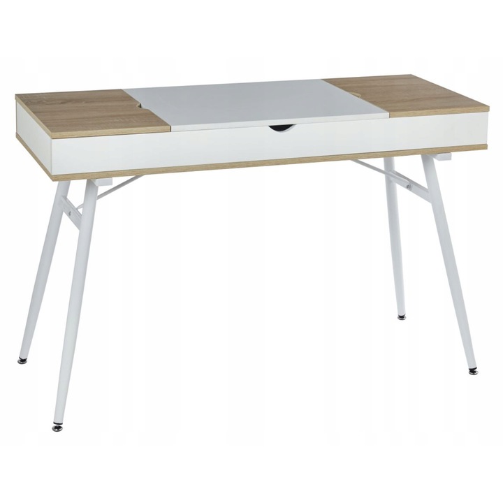 Birou Furnitex Dab Sonoma, 120x48x75 cm, 2 sertare, metal alb