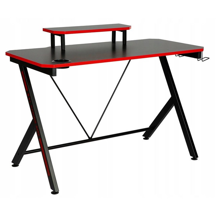 Birou gaming, Furnitex, 120x60cm, negru-rosu, cu suport pentru casti si suport pentru bauturi