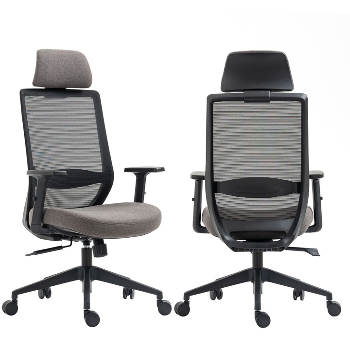 Ергономичен въртящ се стол Furnitex, черно-сив, лумбална опора, регулируема височина, 45-55см