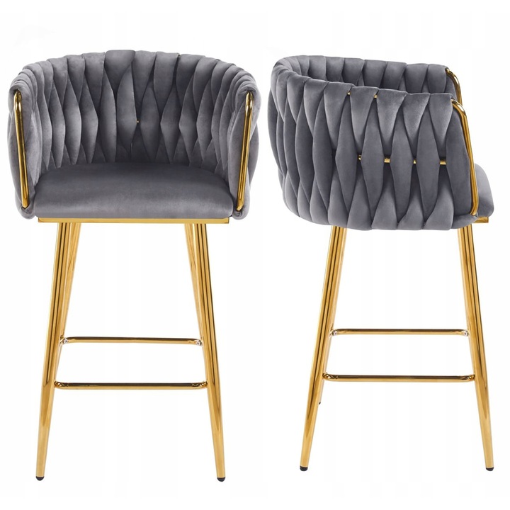 Тапициран бар стол Hoker, Furnitex, сив, метална златна рамка, 92x55x50см, височина на седалката 64см, комплект от 1 бр.